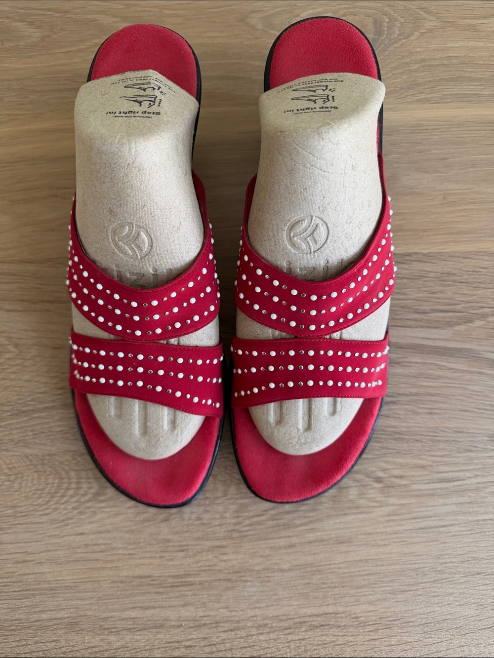 ONEX RED FAUX SUEDE PEARL STUDDED WEDGE MULES Double Strap Slide Sandals Size 10